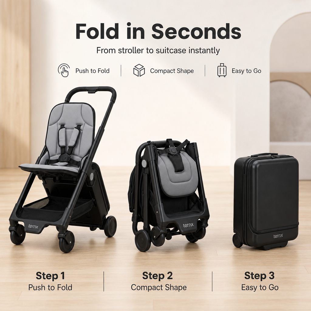 Cabin‑Approved Compact Travel Baby Stroller, One‑Push Quick Fold Lightweight Airplane Stroller with Shock‑Absorbing Wheels & 5‑Point Safety Harness