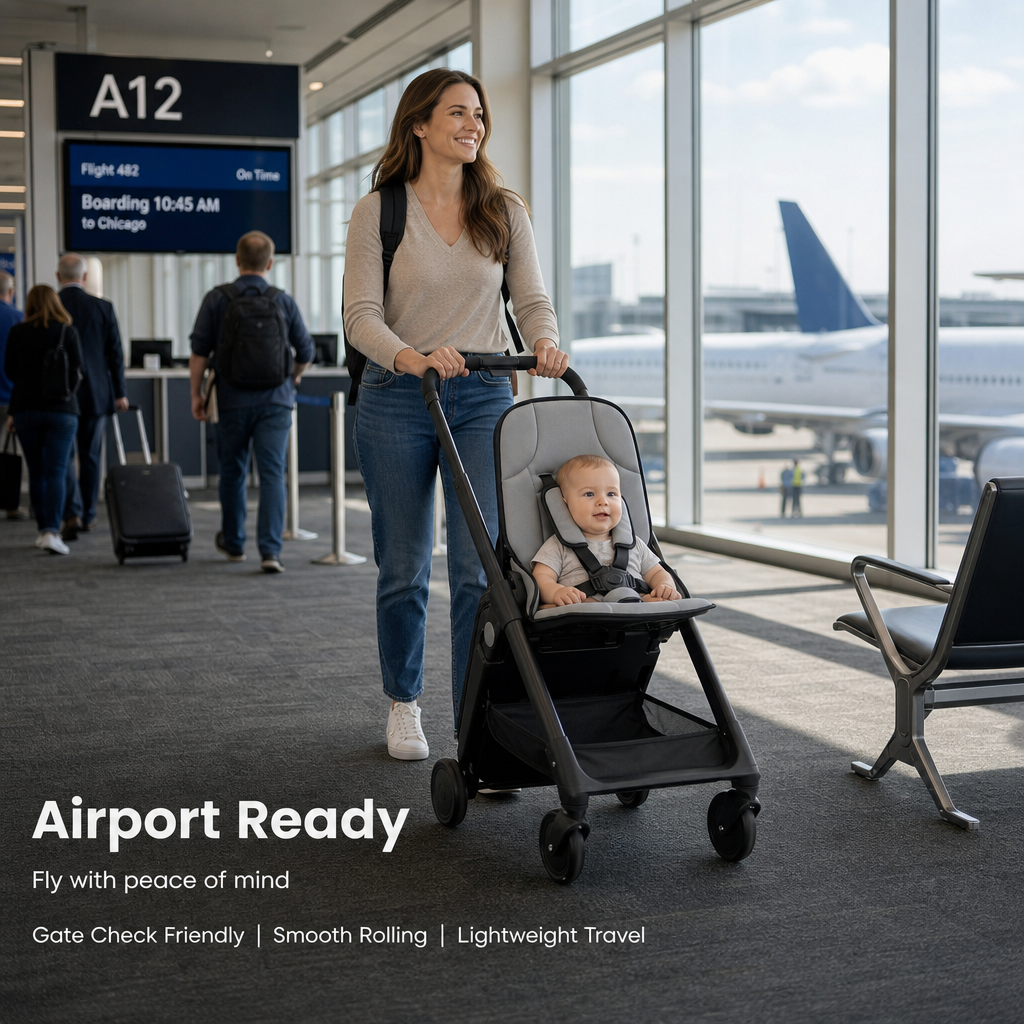 Cabin‑Approved Compact Travel Baby Stroller, One‑Push Quick Fold Lightweight Airplane Stroller with Shock‑Absorbing Wheels & 5‑Point Safety Harness