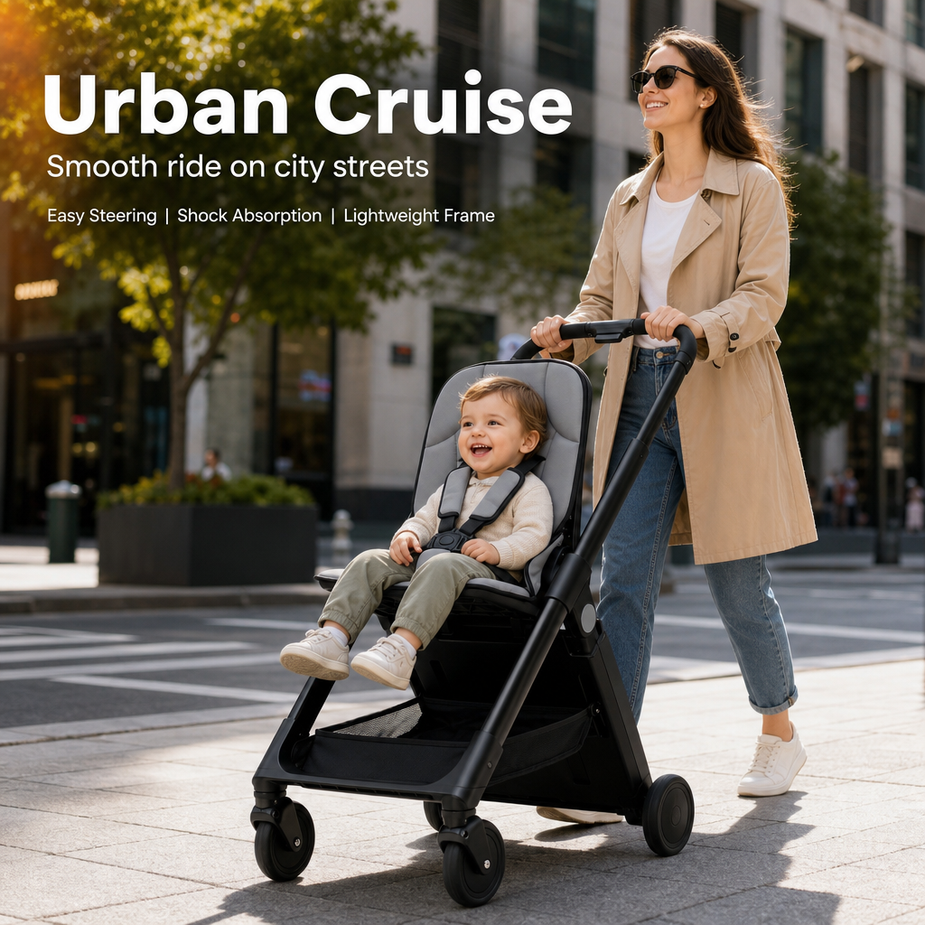 Cabin‑Approved Compact Travel Baby Stroller, One‑Push Quick Fold Lightweight Airplane Stroller with Shock‑Absorbing Wheels & 5‑Point Safety Harness