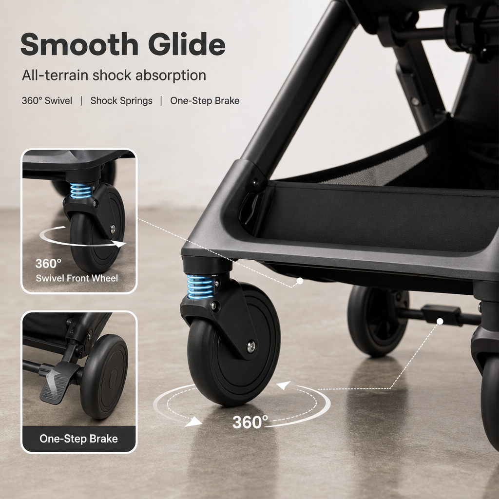 Cabin‑Approved Compact Travel Baby Stroller, One‑Push Quick Fold Lightweight Airplane Stroller with Shock‑Absorbing Wheels & 5‑Point Safety Harness