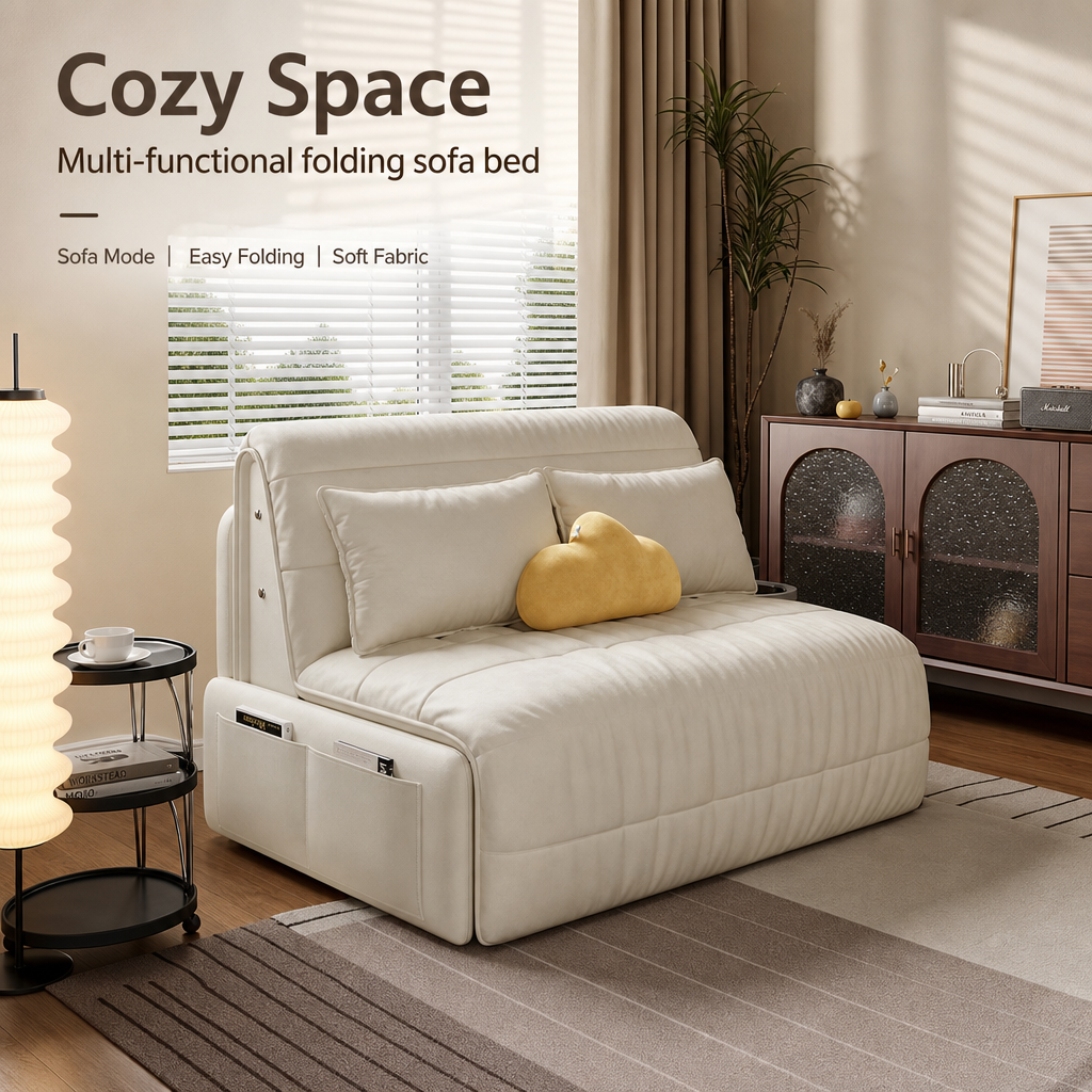 3‑Mode Convertible Folding Sofa Bed, Multi‑Function Sleeper Sofa with Side Storage Pockets & Silent Wheels, High‑Density Cushion Sofa Bed for Small Apartment Guest Room