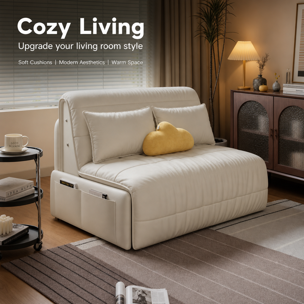 3‑Mode Convertible Folding Sofa Bed, Multi‑Function Sleeper Sofa with Side Storage Pockets & Silent Wheels, High‑Density Cushion Sofa Bed for Small Apartment Guest Room