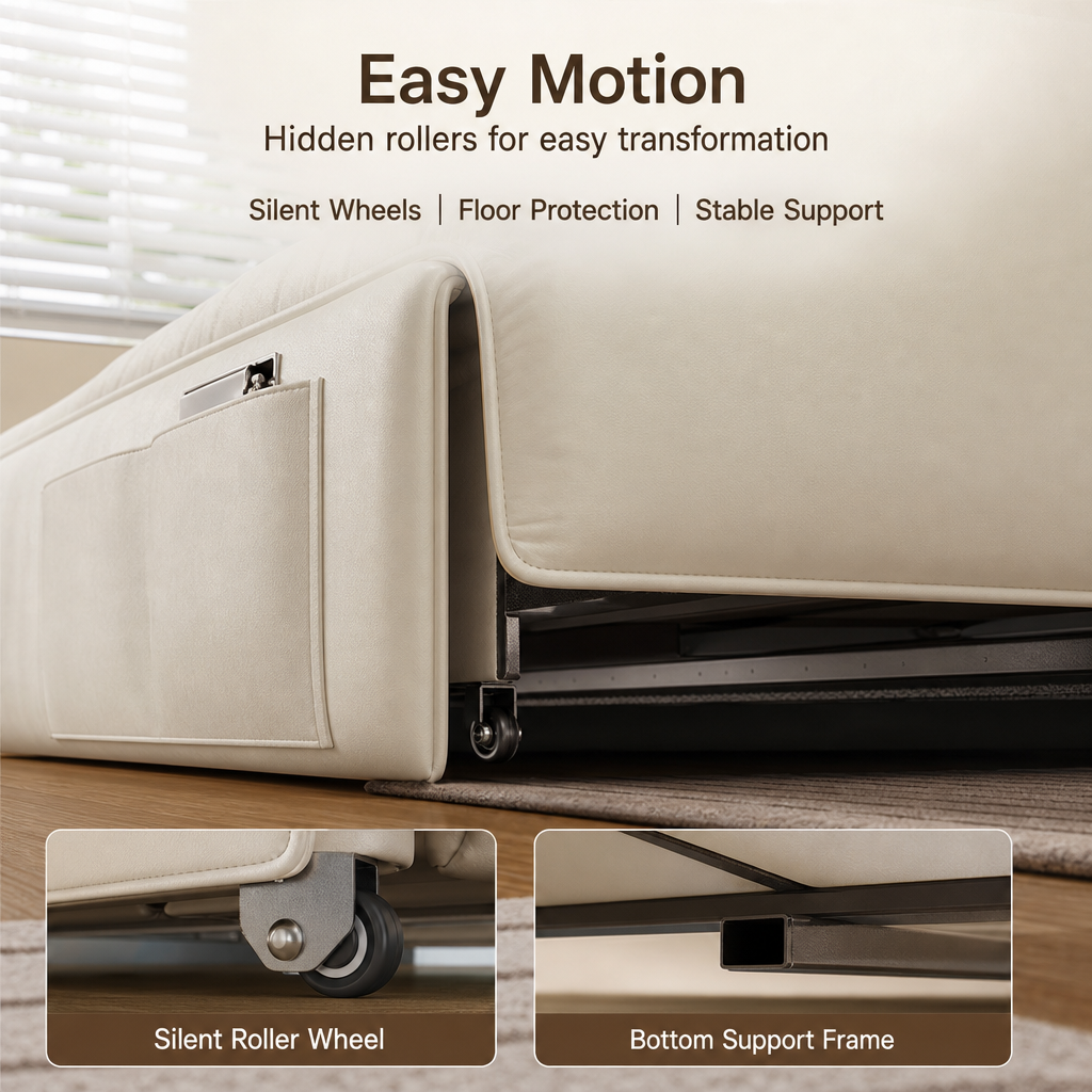 3‑Mode Convertible Folding Sofa Bed, Multi‑Function Sleeper Sofa with Side Storage Pockets & Silent Wheels, High‑Density Cushion Sofa Bed for Small Apartment Guest Room