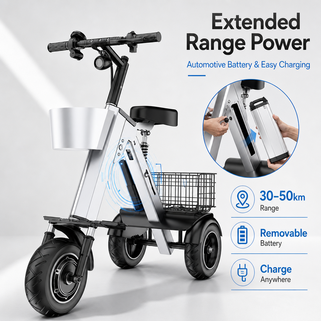 3‑Wheel Folding Electric Scooter, 450W Brushless Motor 30‑50KM Range Removable Battery, Airline Approved Foldable E‑Scooter with Basket & Quad Suspension for City Commute Travel
