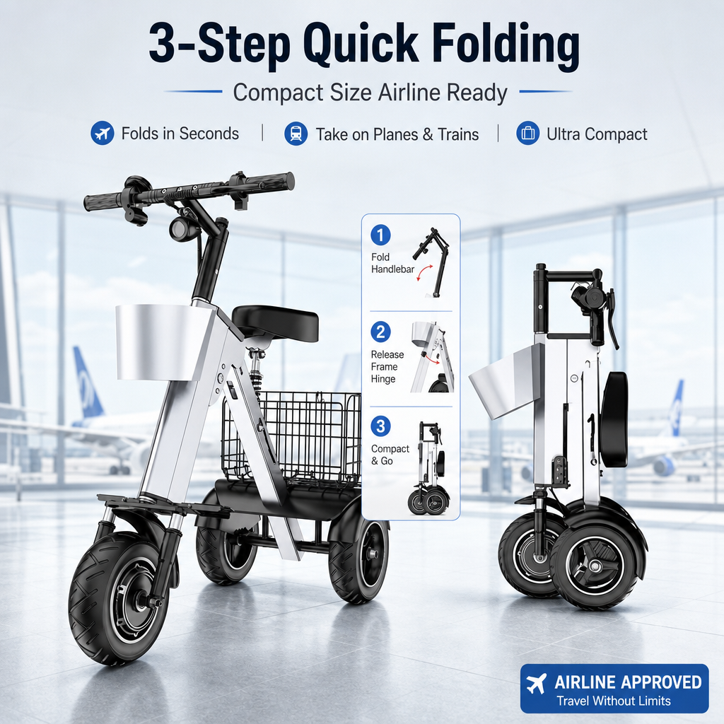 3‑Wheel Folding Electric Scooter, 450W Brushless Motor 30‑50KM Range Removable Battery, Airline Approved Foldable E‑Scooter with Basket & Quad Suspension for City Commute Travel