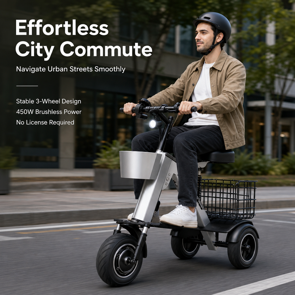 3‑Wheel Folding Electric Scooter, 450W Brushless Motor 30‑50KM Range Removable Battery, Airline Approved Foldable E‑Scooter with Basket & Quad Suspension for City Commute Travel