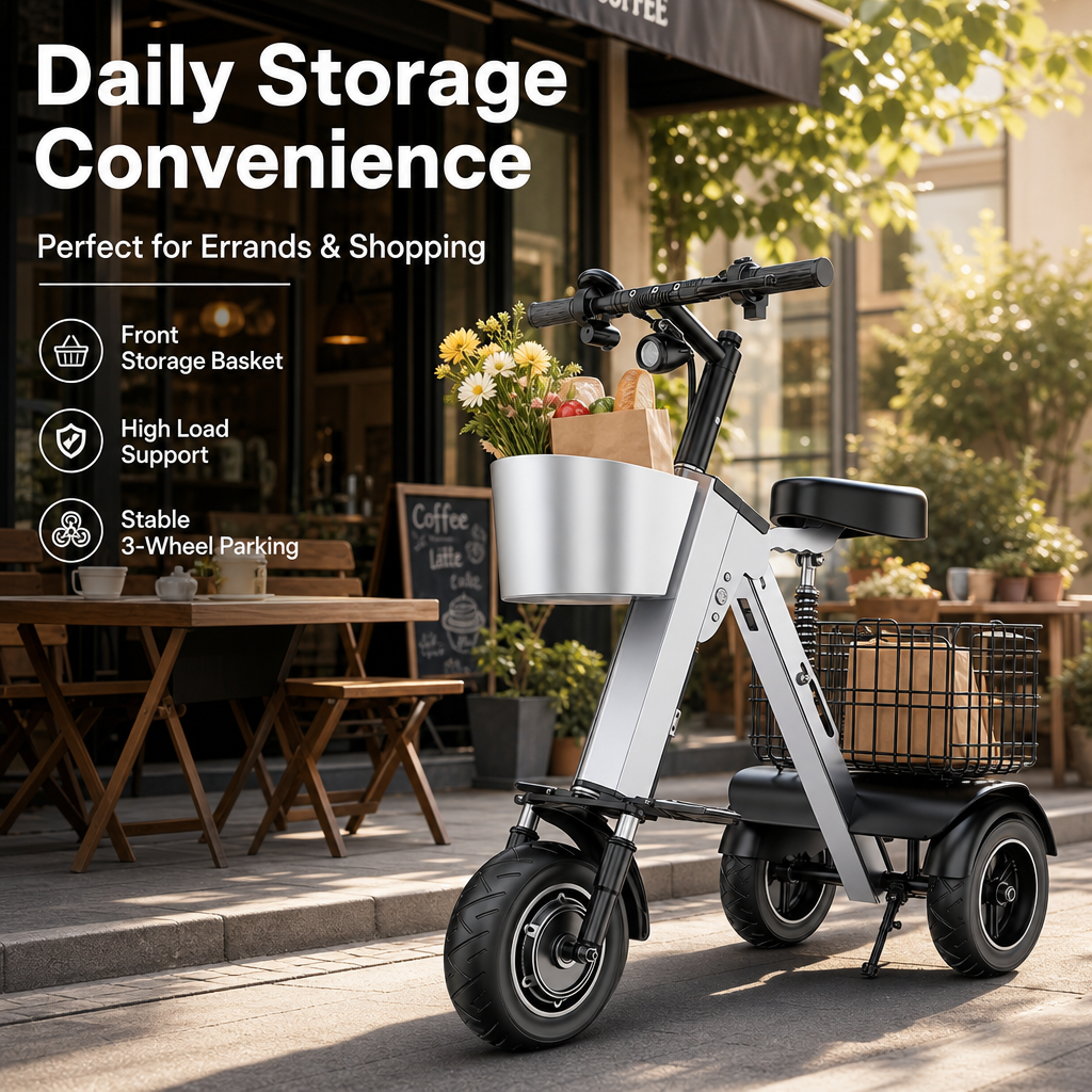 3‑Wheel Folding Electric Scooter, 450W Brushless Motor 30‑50KM Range Removable Battery, Airline Approved Foldable E‑Scooter with Basket & Quad Suspension for City Commute Travel