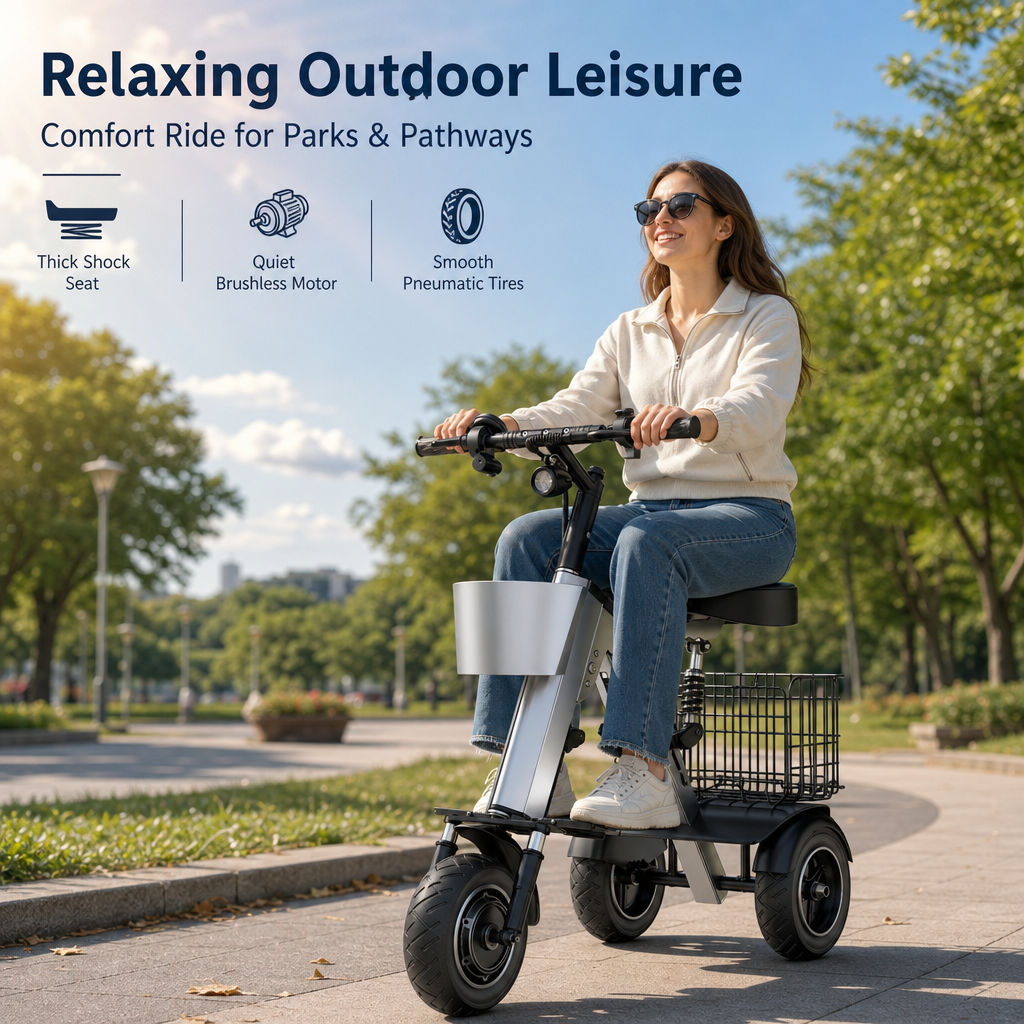 3‑Wheel Folding Electric Scooter, 450W Brushless Motor 30‑50KM Range Removable Battery, Airline Approved Foldable E‑Scooter with Basket & Quad Suspension for City Commute Travel