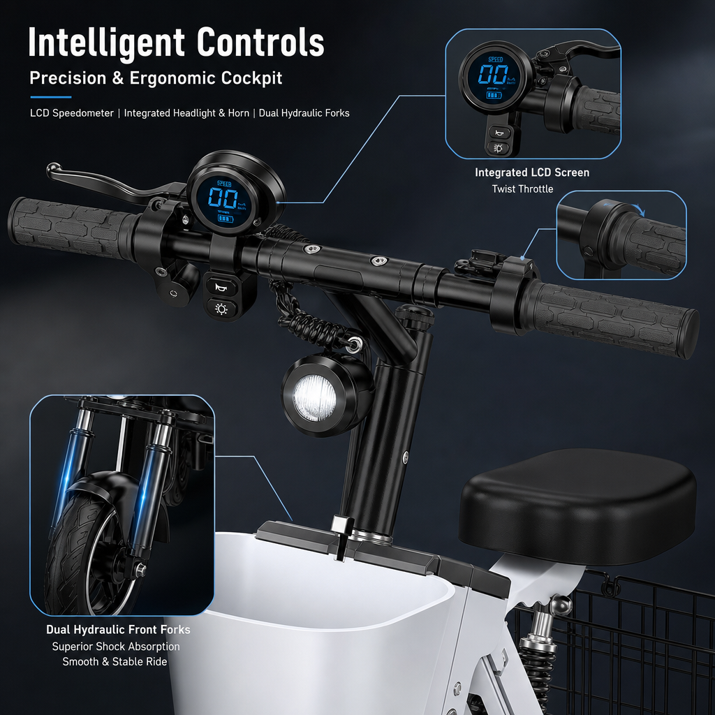 3‑Wheel Folding Electric Scooter, 450W Brushless Motor 30‑50KM Range Removable Battery, Airline Approved Foldable E‑Scooter with Basket & Quad Suspension for City Commute Travel