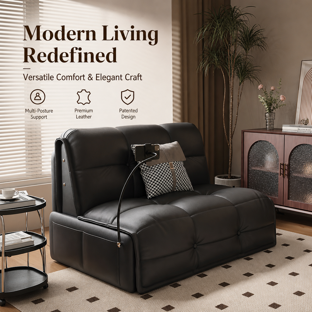 Modern Black Convertible Sofa Bed, Premium Leather Sleeper Couch with Built‑in Phone Stand & Storage Drawer, Space‑Saving Guest Sofa for Living Room & Bedroom