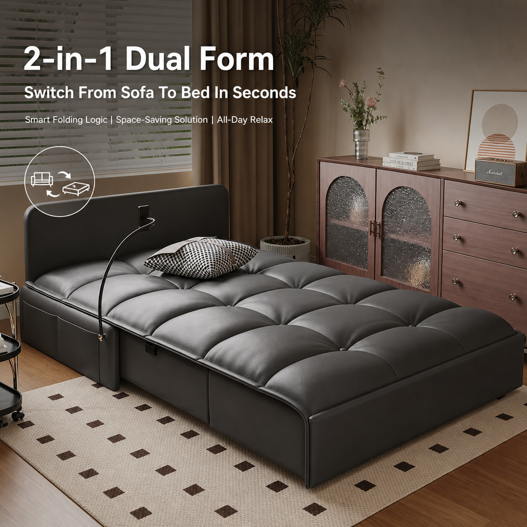 Modern Black Convertible Sofa Bed, Premium Leather Sleeper Couch with Built‑in Phone Stand & Storage Drawer, Space‑Saving Guest Sofa for Living Room & Bedroom