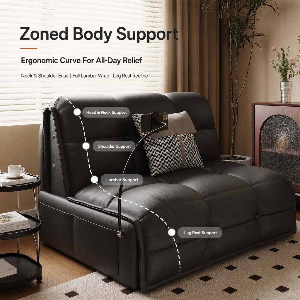 Modern Black Convertible Sofa Bed, Premium Leather Sleeper Couch with Built‑in Phone Stand & Storage Drawer, Space‑Saving Guest Sofa for Living Room & Bedroom