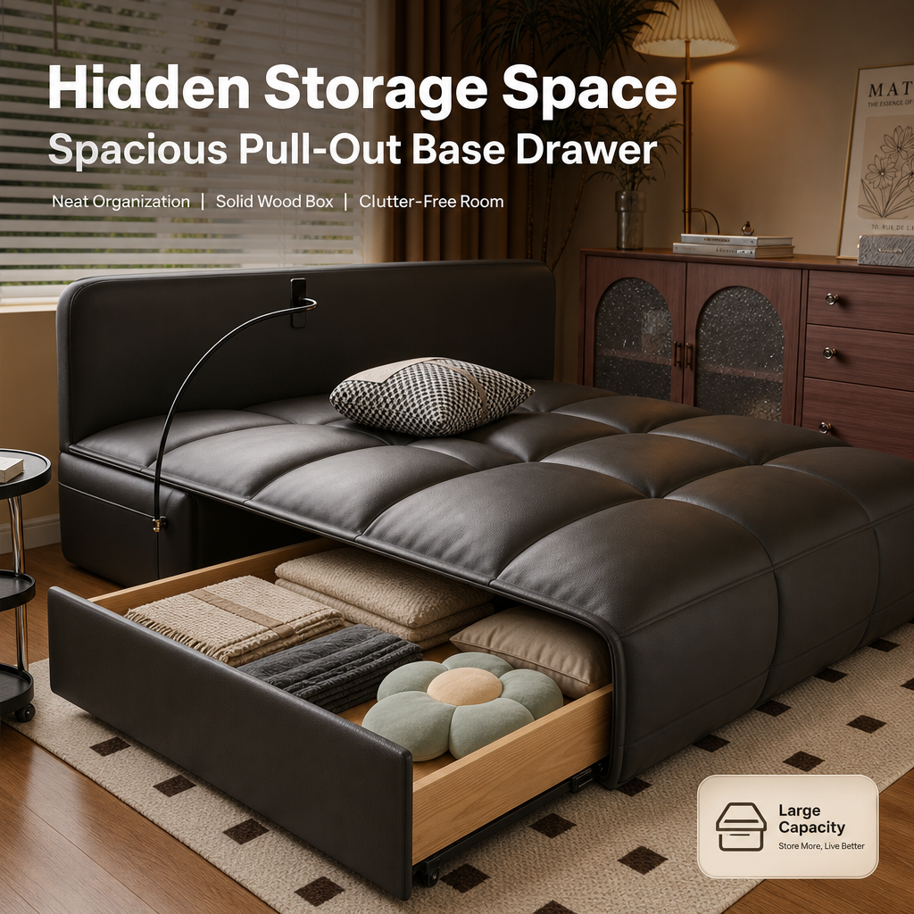 Modern Black Convertible Sofa Bed, Premium Leather Sleeper Couch with Built‑in Phone Stand & Storage Drawer, Space‑Saving Guest Sofa for Living Room & Bedroom