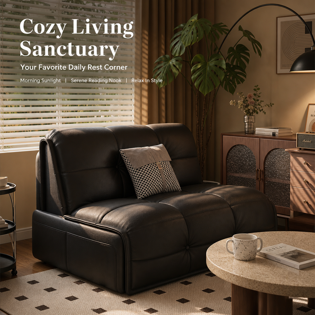 Modern Black Convertible Sofa Bed, Premium Leather Sleeper Couch with Built‑in Phone Stand & Storage Drawer, Space‑Saving Guest Sofa for Living Room & Bedroom