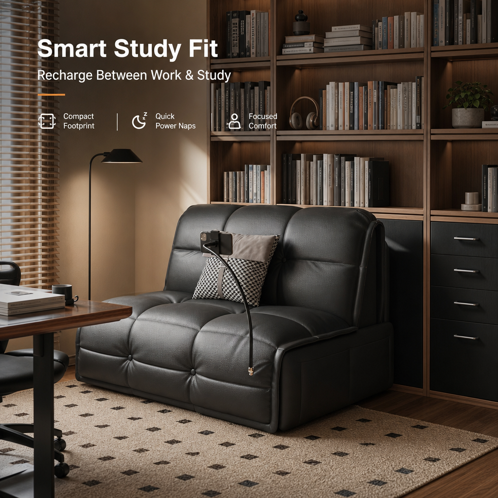 Modern Black Convertible Sofa Bed, Premium Leather Sleeper Couch with Built‑in Phone Stand & Storage Drawer, Space‑Saving Guest Sofa for Living Room & Bedroom