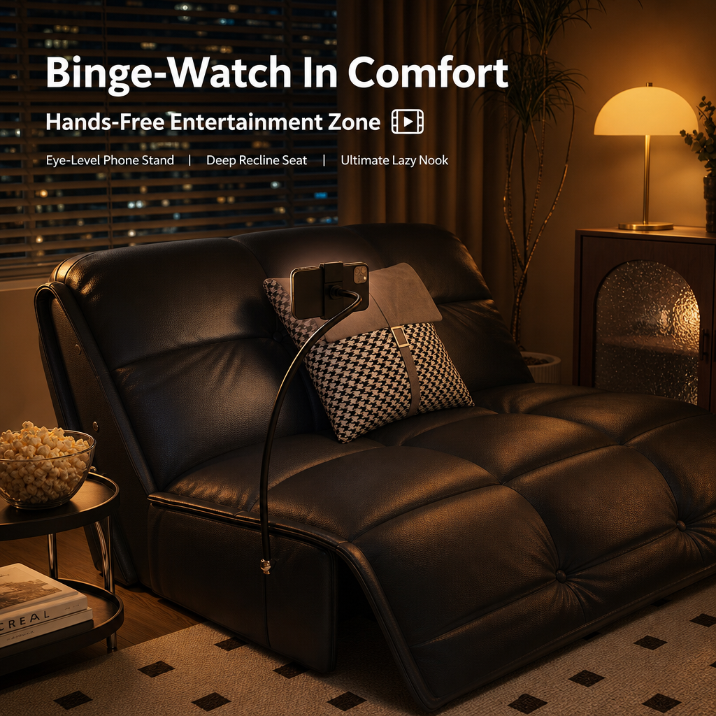 Modern Black Convertible Sofa Bed, Premium Leather Sleeper Couch with Built‑in Phone Stand & Storage Drawer, Space‑Saving Guest Sofa for Living Room & Bedroom