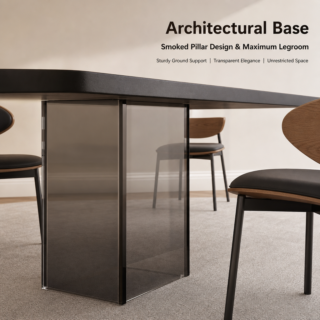 Minimalist Dining Room Table Set, Sleek Black Tabletop with Transparent Pillar Legs, Ergonomic Bentwood PU Leather Chairs for Home Kitchen