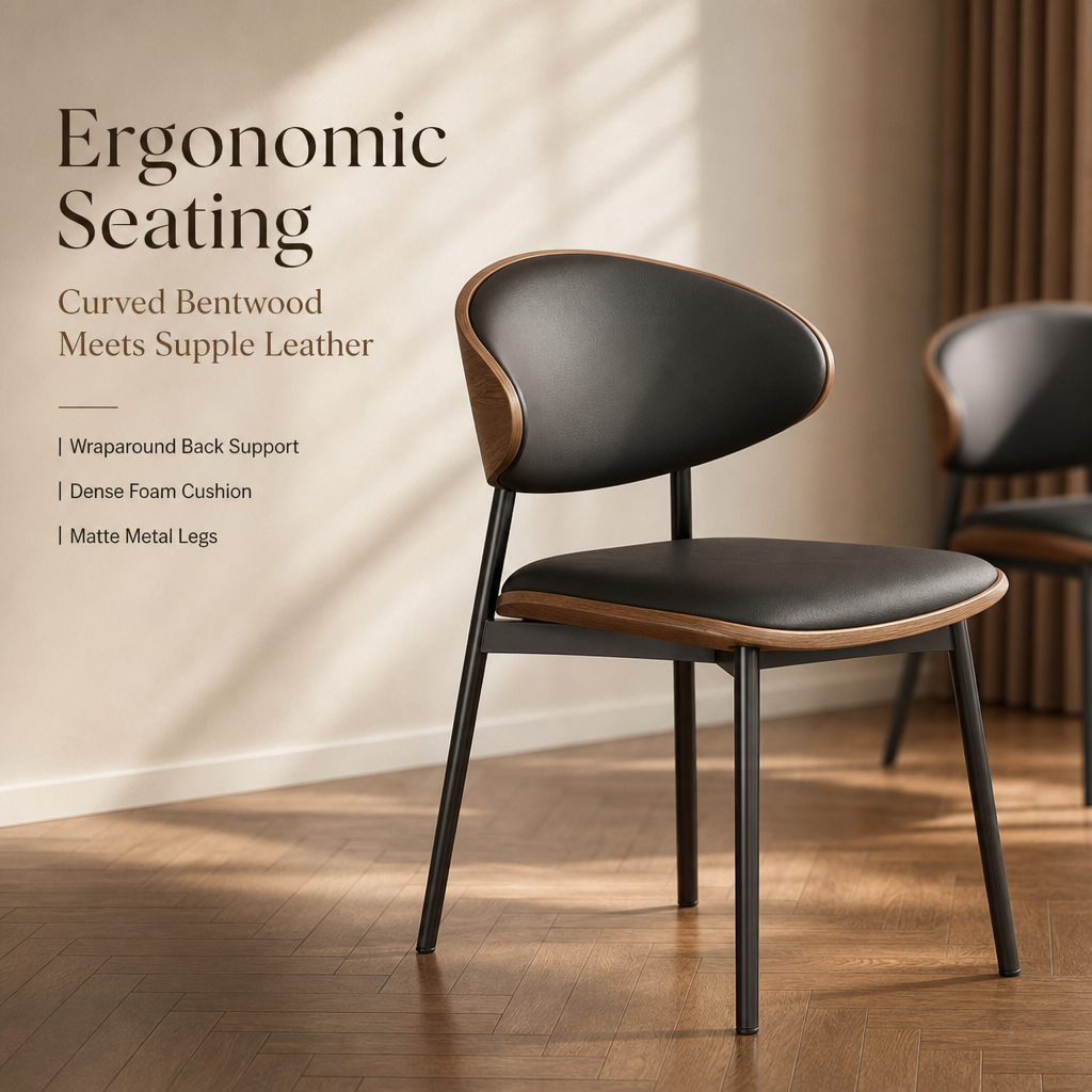 Minimalist Dining Room Table Set, Sleek Black Tabletop with Transparent Pillar Legs, Ergonomic Bentwood PU Leather Chairs for Home Kitchen