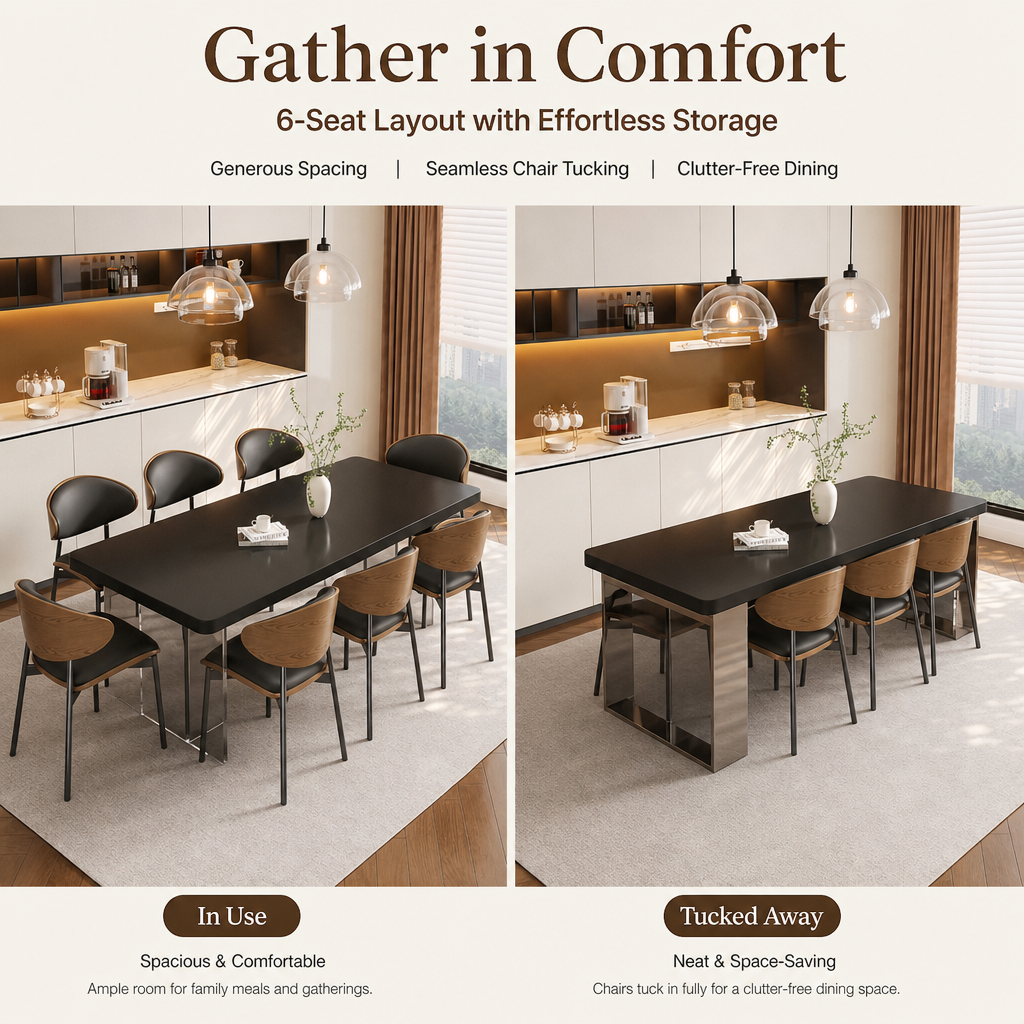 Minimalist Dining Room Table Set, Sleek Black Tabletop with Transparent Pillar Legs, Ergonomic Bentwood PU Leather Chairs for Home Kitchen
