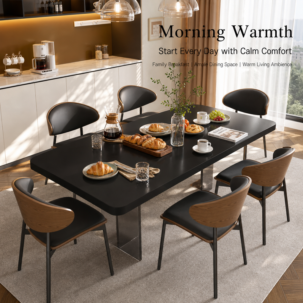 Minimalist Dining Room Table Set, Sleek Black Tabletop with Transparent Pillar Legs, Ergonomic Bentwood PU Leather Chairs for Home Kitchen