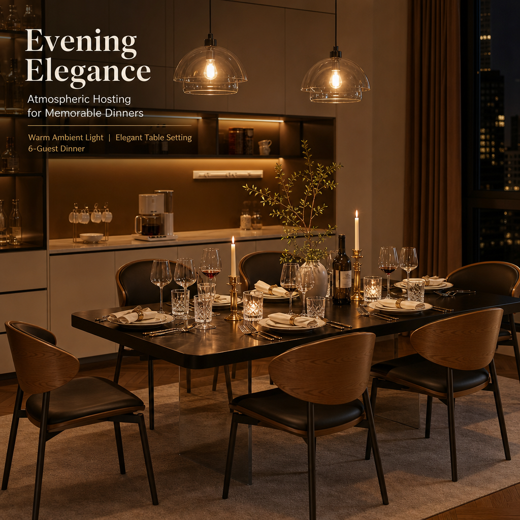 Minimalist Dining Room Table Set, Sleek Black Tabletop with Transparent Pillar Legs, Ergonomic Bentwood PU Leather Chairs for Home Kitchen