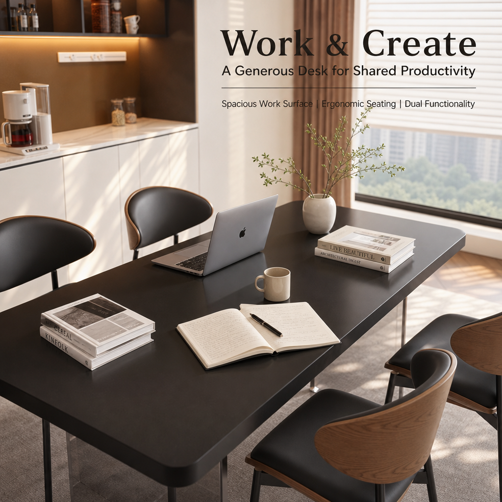 Minimalist Dining Room Table Set, Sleek Black Tabletop with Transparent Pillar Legs, Ergonomic Bentwood PU Leather Chairs for Home Kitchen