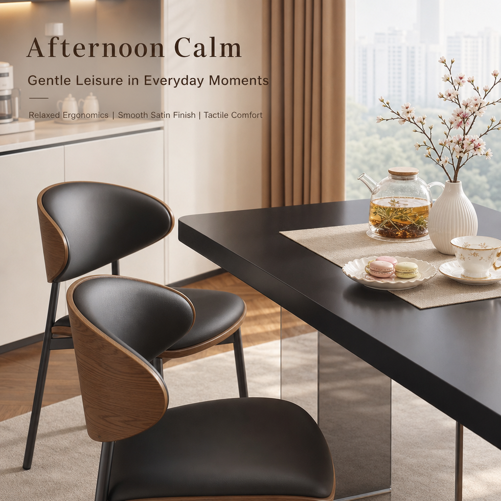 Minimalist Dining Room Table Set, Sleek Black Tabletop with Transparent Pillar Legs, Ergonomic Bentwood PU Leather Chairs for Home Kitchen