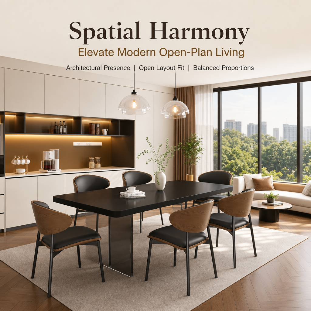 Minimalist Dining Room Table Set, Sleek Black Tabletop with Transparent Pillar Legs, Ergonomic Bentwood PU Leather Chairs for Home Kitchen
