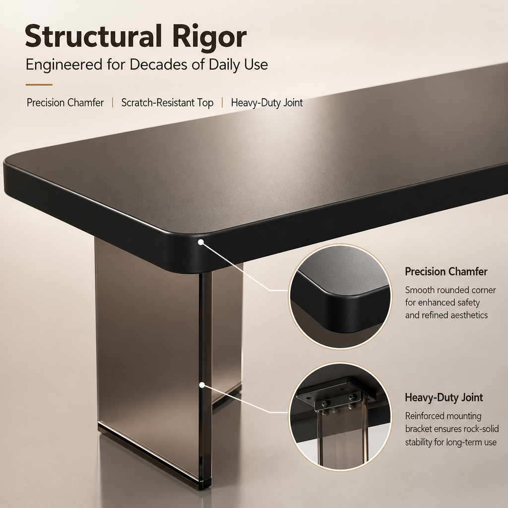 Minimalist Dining Room Table Set, Sleek Black Tabletop with Transparent Pillar Legs, Ergonomic Bentwood PU Leather Chairs for Home Kitchen
