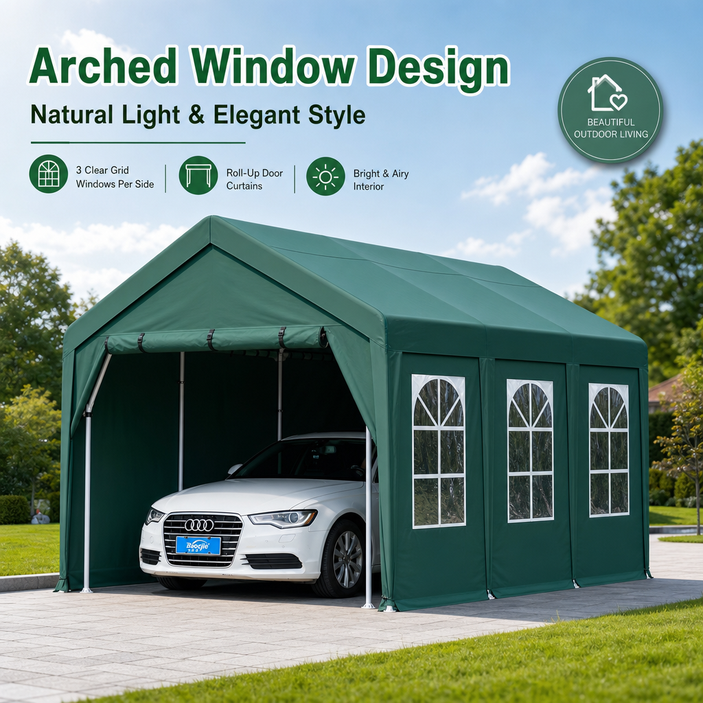 All‑Weather Portable Car Canopy Garage, 360° Enclosed Oxford Fabric Carport Tent with Zipper Doors for SUV, Sedans & Outdoor Storage