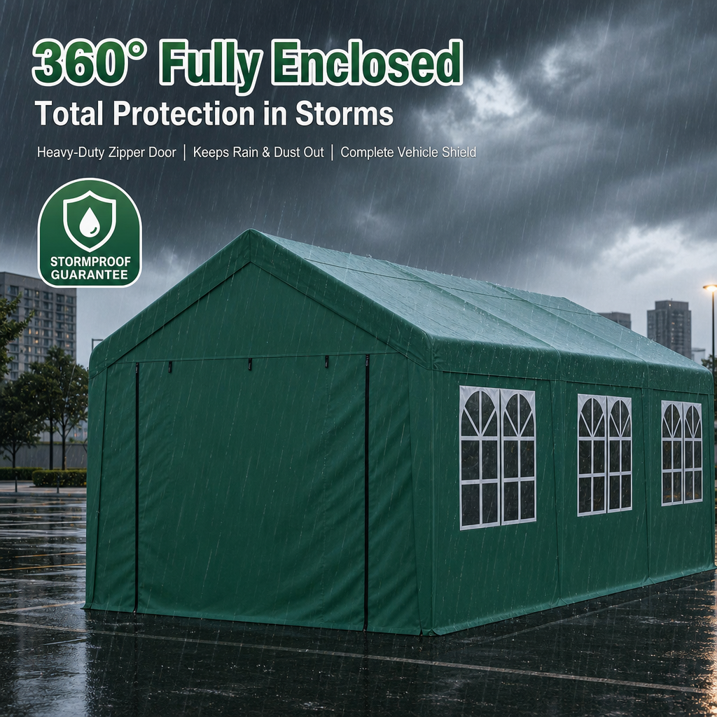 All‑Weather Portable Car Canopy Garage, 360° Enclosed Oxford Fabric Carport Tent with Zipper Doors for SUV, Sedans & Outdoor Storage