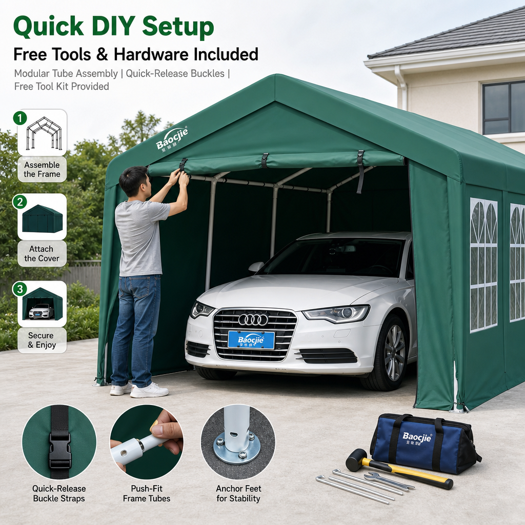 All‑Weather Portable Car Canopy Garage, 360° Enclosed Oxford Fabric Carport Tent with Zipper Doors for SUV, Sedans & Outdoor Storage
