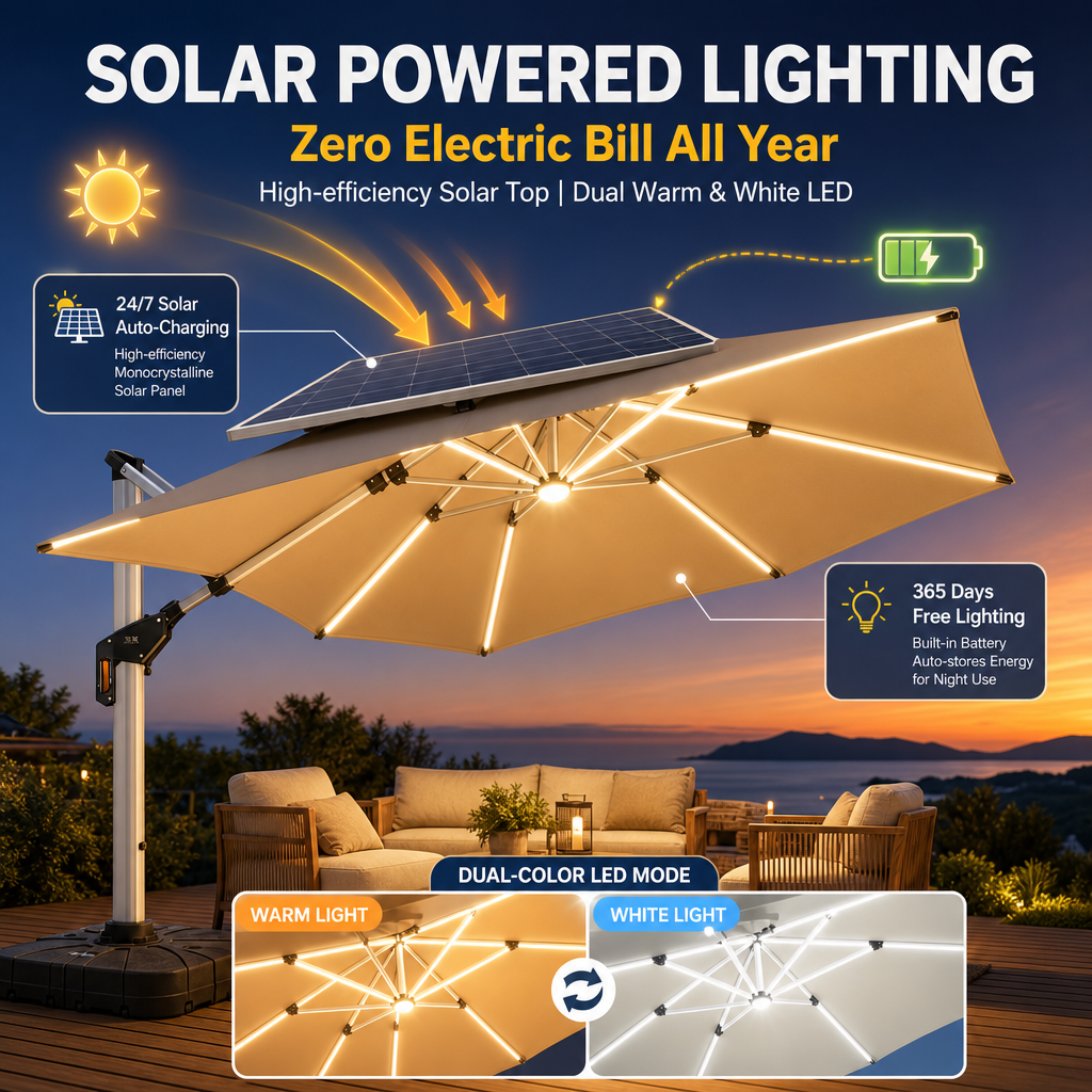 Outdoor Solar Powered Cantilever Umbrella, Dual‑Color LED Light, Heavy‑Duty Aluminum Square Patio Umbrella