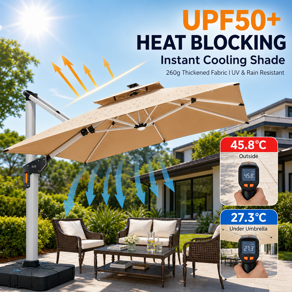 Outdoor Solar Powered Cantilever Umbrella, Dual‑Color LED Light, Heavy‑Duty Aluminum Square Patio Umbrella