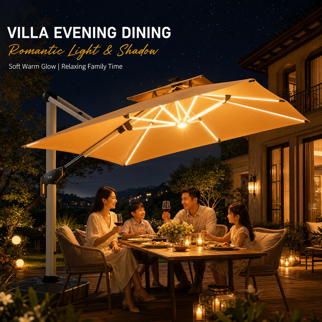Outdoor Solar Powered Cantilever Umbrella, Dual‑Color LED Light, Heavy‑Duty Aluminum Square Patio Umbrella