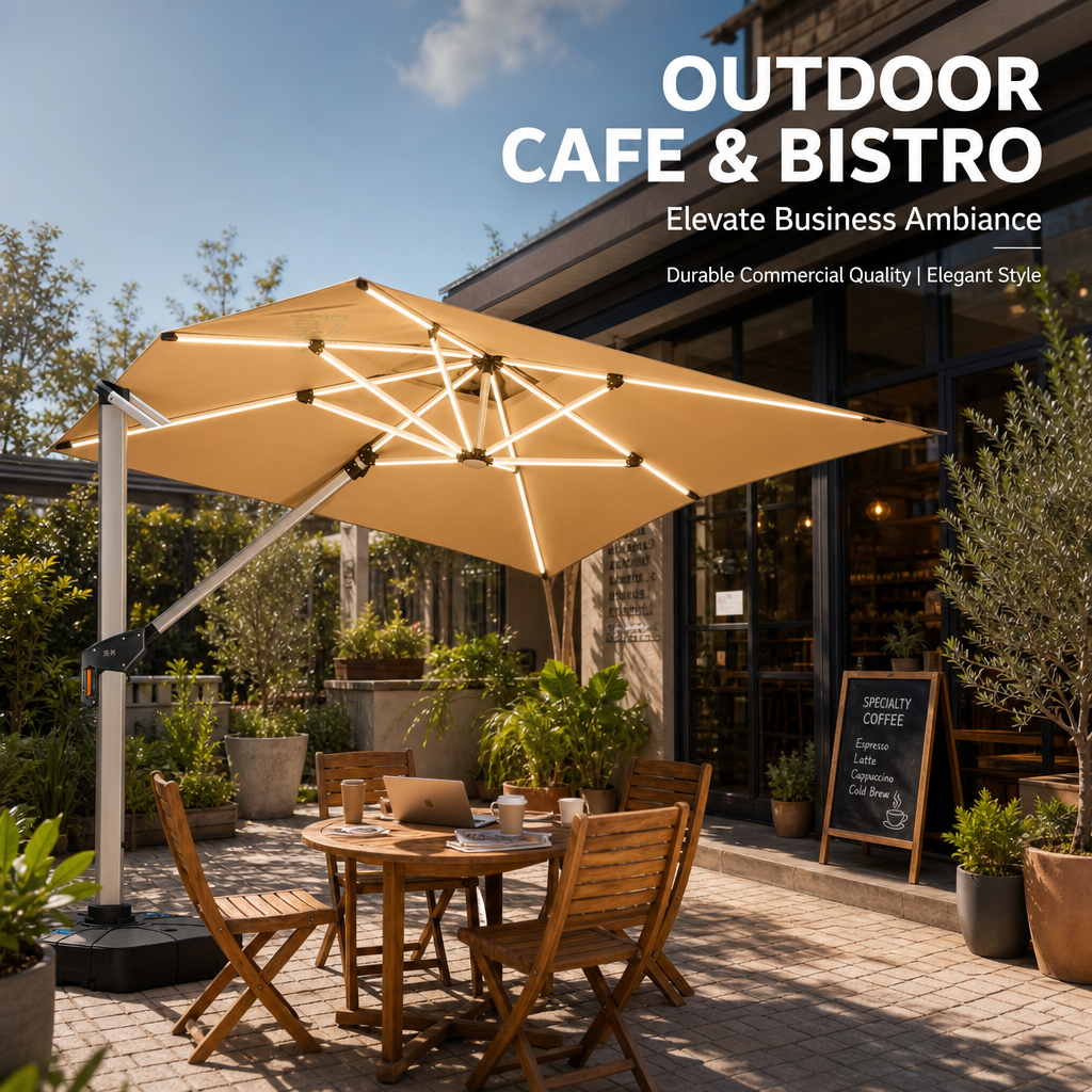 Outdoor Solar Powered Cantilever Umbrella, Dual‑Color LED Light, Heavy‑Duty Aluminum Square Patio Umbrella