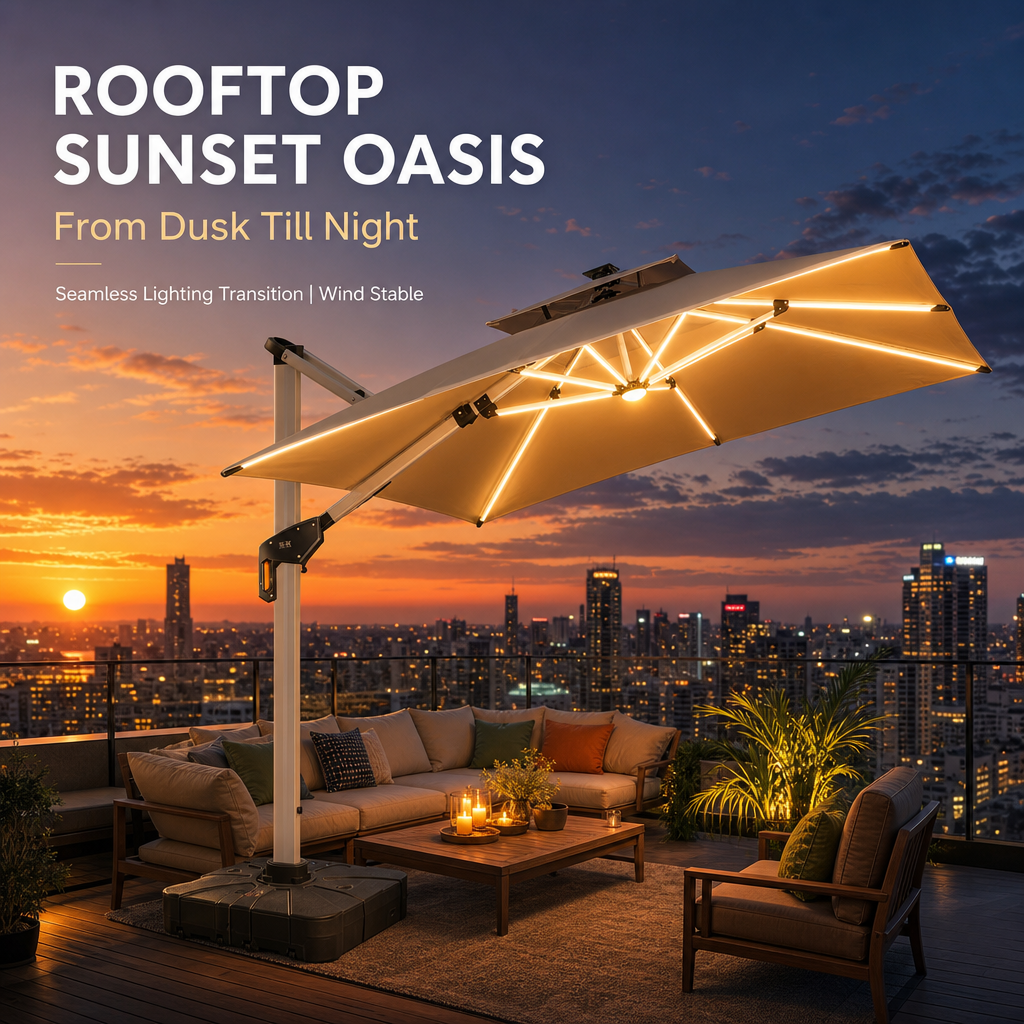 Outdoor Solar Powered Cantilever Umbrella, Dual‑Color LED Light, Heavy‑Duty Aluminum Square Patio Umbrella
