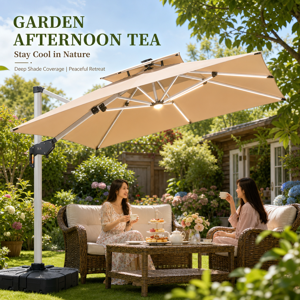 Outdoor Solar Powered Cantilever Umbrella, Dual‑Color LED Light, Heavy‑Duty Aluminum Square Patio Umbrella