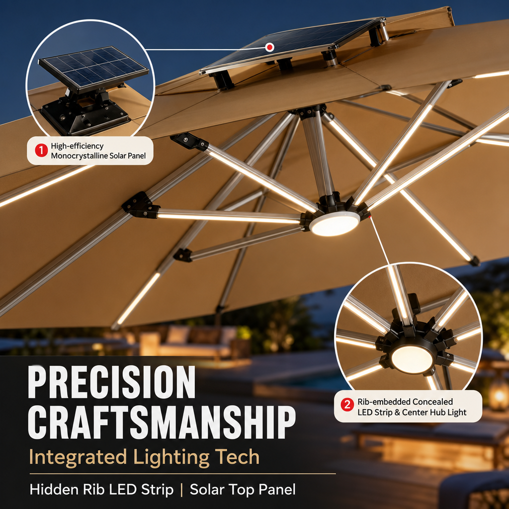 Outdoor Solar Powered Cantilever Umbrella, Dual‑Color LED Light, Heavy‑Duty Aluminum Square Patio Umbrella