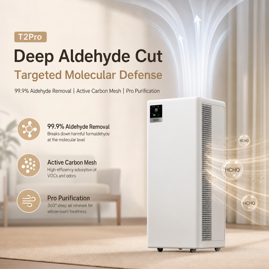T2Pro Pro‑Grade Home Air Purifier, 99.9% Formaldehyde & Odor Elimination, Silent Sleep Mode Smart Monitor Air Purifier for Bedroom, Pet House & New Renovation