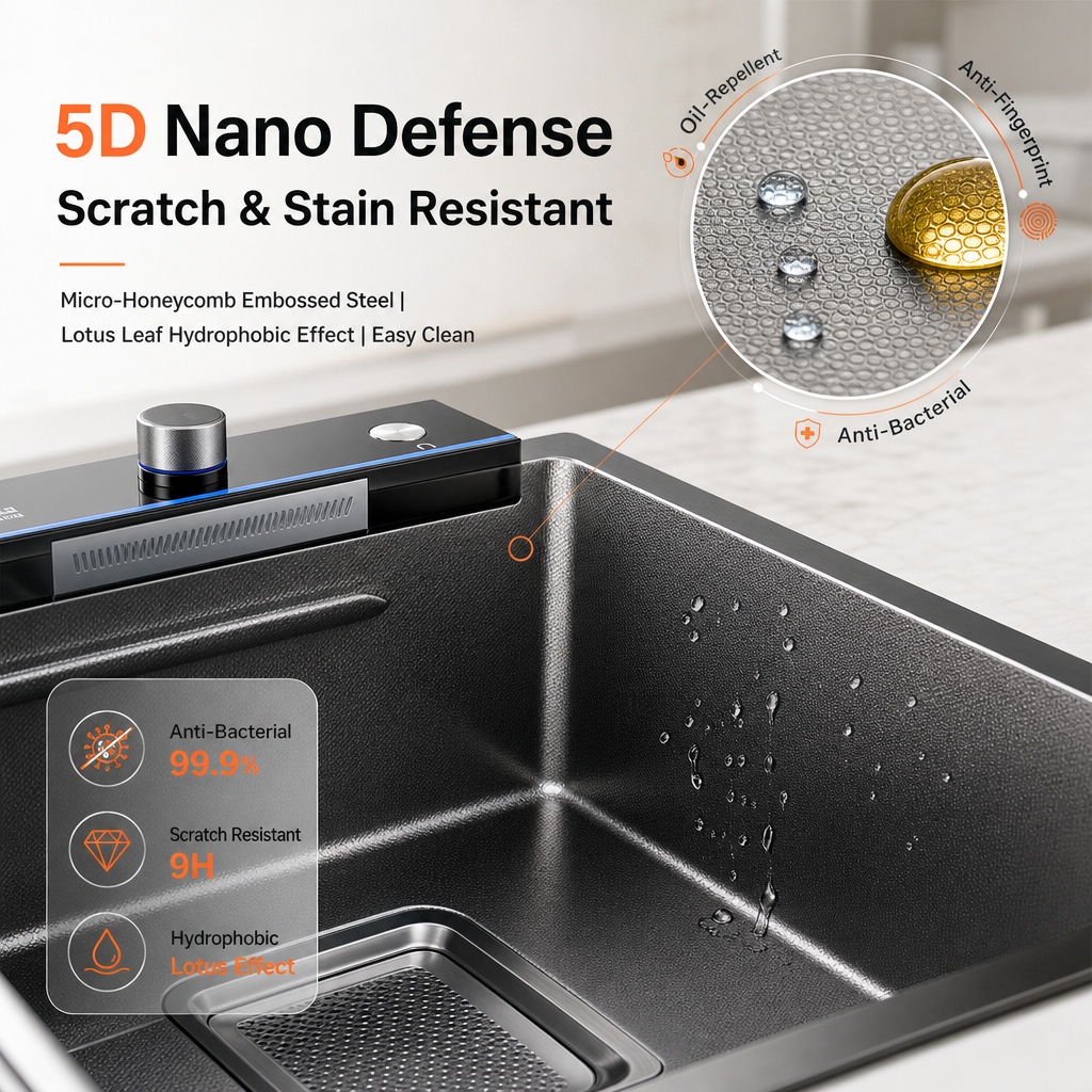 Multifunctional Smart Kitchen Sink, Honeycomb Embossed Nano Anti‑Scratch Stainless Steel Sink, Integrated Workstation with LED Control Panel & High‑Pressure Glass Washer
