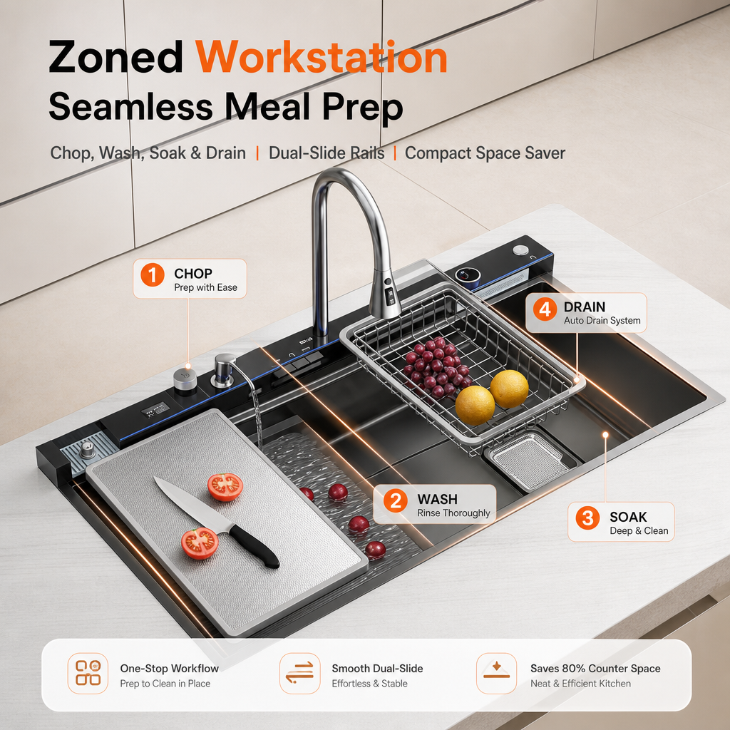 Multifunctional Smart Kitchen Sink, Honeycomb Embossed Nano Anti‑Scratch Stainless Steel Sink, Integrated Workstation with LED Control Panel & High‑Pressure Glass Washer