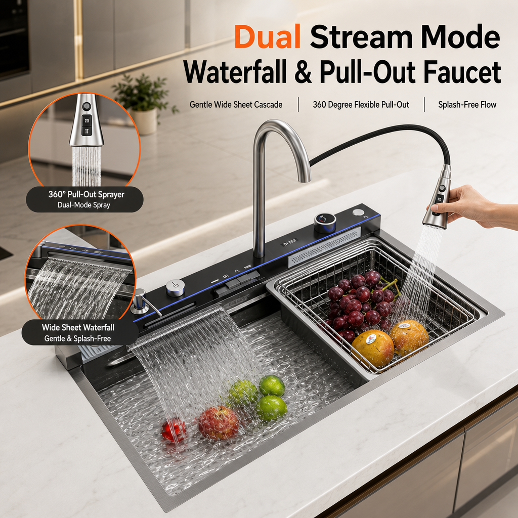 Multifunctional Smart Kitchen Sink, Honeycomb Embossed Nano Anti‑Scratch Stainless Steel Sink, Integrated Workstation with LED Control Panel & High‑Pressure Glass Washer