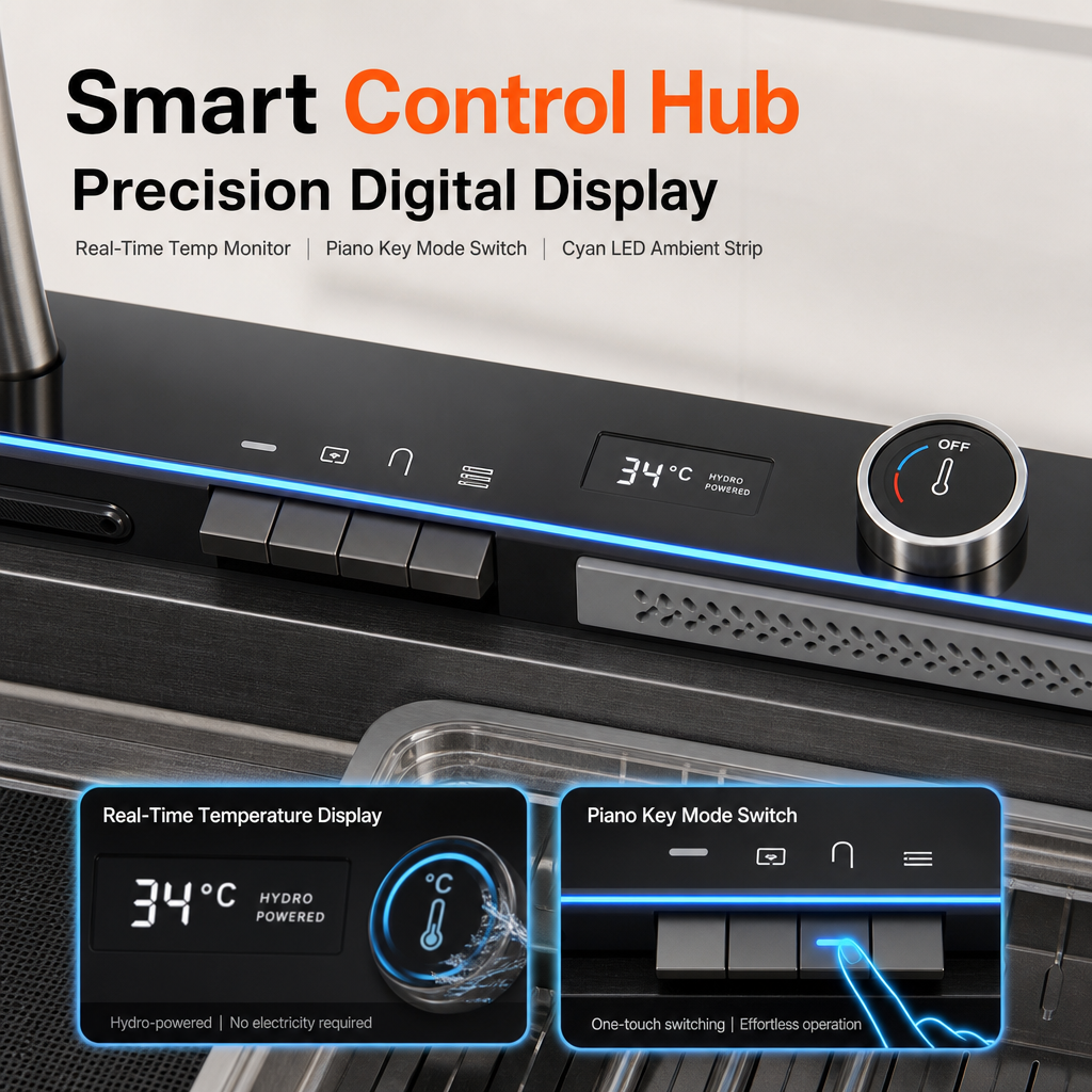 Multifunctional Smart Kitchen Sink, Honeycomb Embossed Nano Anti‑Scratch Stainless Steel Sink, Integrated Workstation with LED Control Panel & High‑Pressure Glass Washer