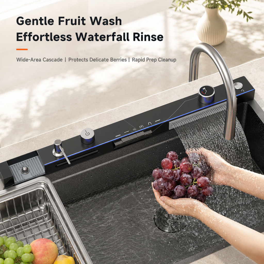 Multifunctional Smart Kitchen Sink, Honeycomb Embossed Nano Anti‑Scratch Stainless Steel Sink, Integrated Workstation with LED Control Panel & High‑Pressure Glass Washer