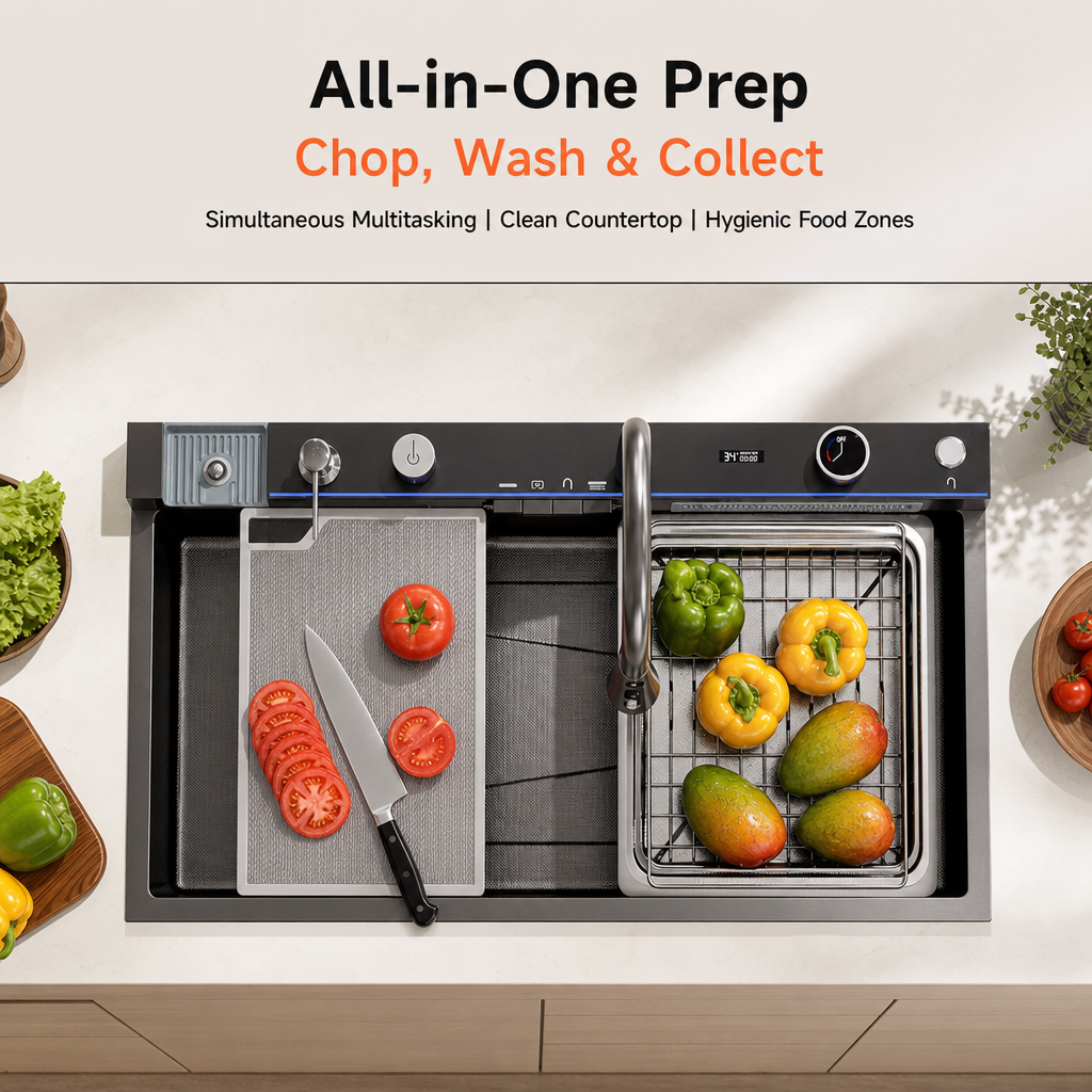Multifunctional Smart Kitchen Sink, Honeycomb Embossed Nano Anti‑Scratch Stainless Steel Sink, Integrated Workstation with LED Control Panel & High‑Pressure Glass Washer
