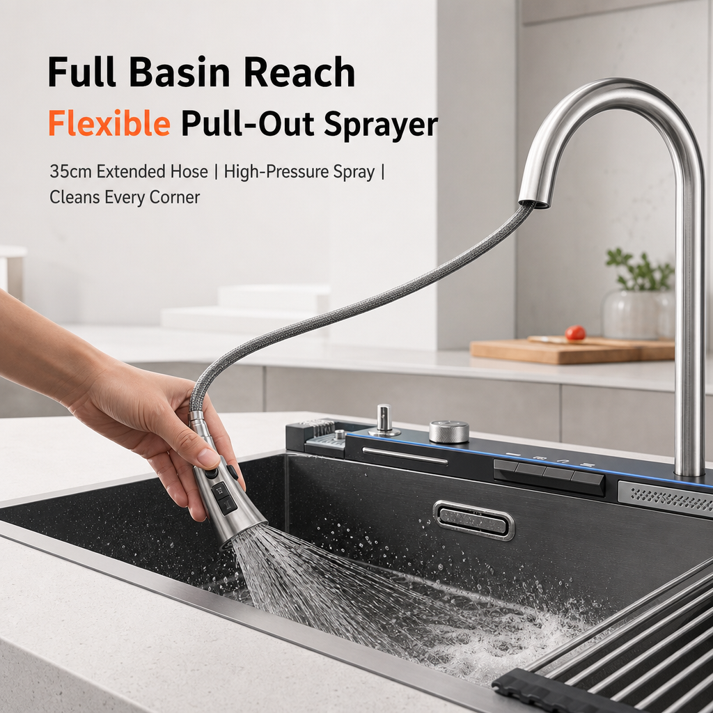 Multifunctional Smart Kitchen Sink, Honeycomb Embossed Nano Anti‑Scratch Stainless Steel Sink, Integrated Workstation with LED Control Panel & High‑Pressure Glass Washer