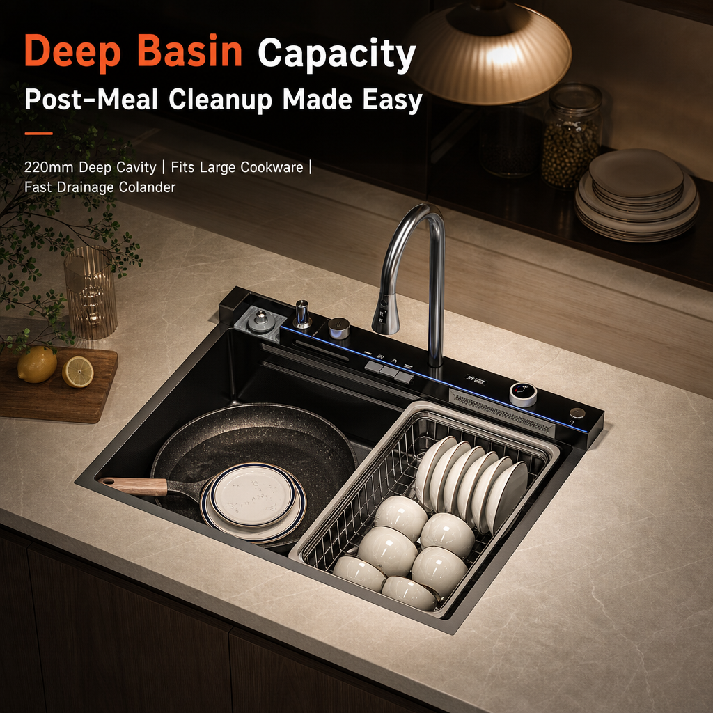 Multifunctional Smart Kitchen Sink, Honeycomb Embossed Nano Anti‑Scratch Stainless Steel Sink, Integrated Workstation with LED Control Panel & High‑Pressure Glass Washer