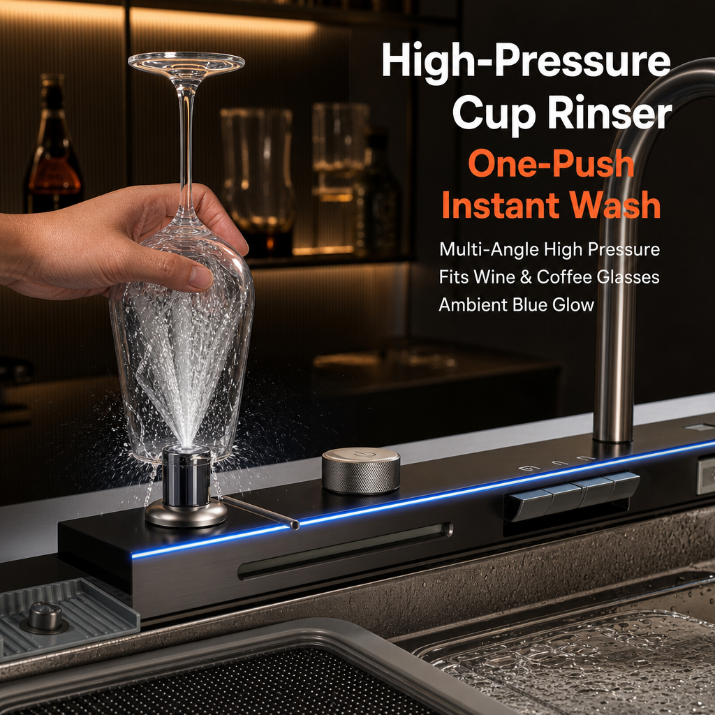 Multifunctional Smart Kitchen Sink, Honeycomb Embossed Nano Anti‑Scratch Stainless Steel Sink, Integrated Workstation with LED Control Panel & High‑Pressure Glass Washer