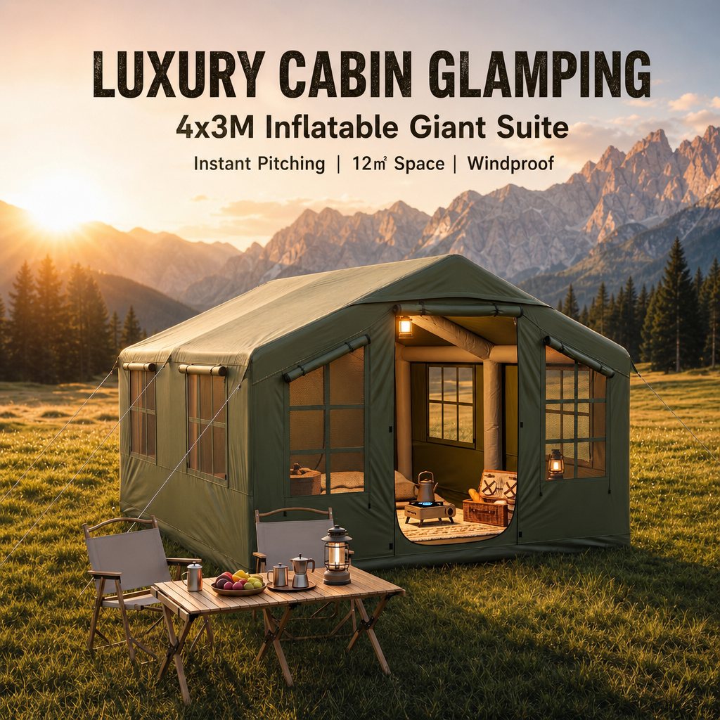 Large Inflatable Glamping House Tent, 1‑Person Quick Inflate Air Beam Tent, 3000mm Rainproof UV‑Protection Luxury Cabin Tent for Backyard & Wilderness Camping